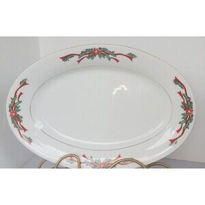 Vintage Tienshan Oval Platter Fine China Poinsettia & Ribbon Christmas 14" Plate